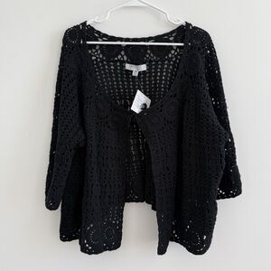 ATTITUDES by Renee NWT Open Front Black Cardigan Crochet Knit Beach Cottage 3X